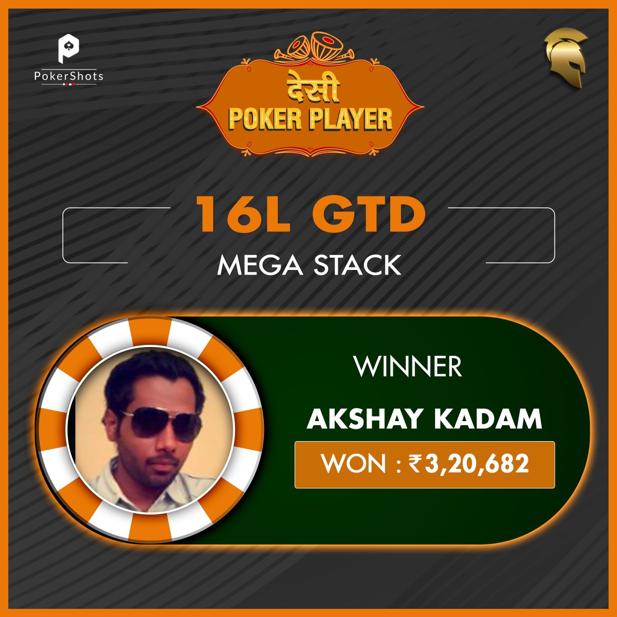 PokerShots's tweet photo. Akshay Kadam shipped the 16L GTD Mega Stack on @Spartan_Poker for a payout of INR 3,20,682! https://t.co/04zkU6SiDh