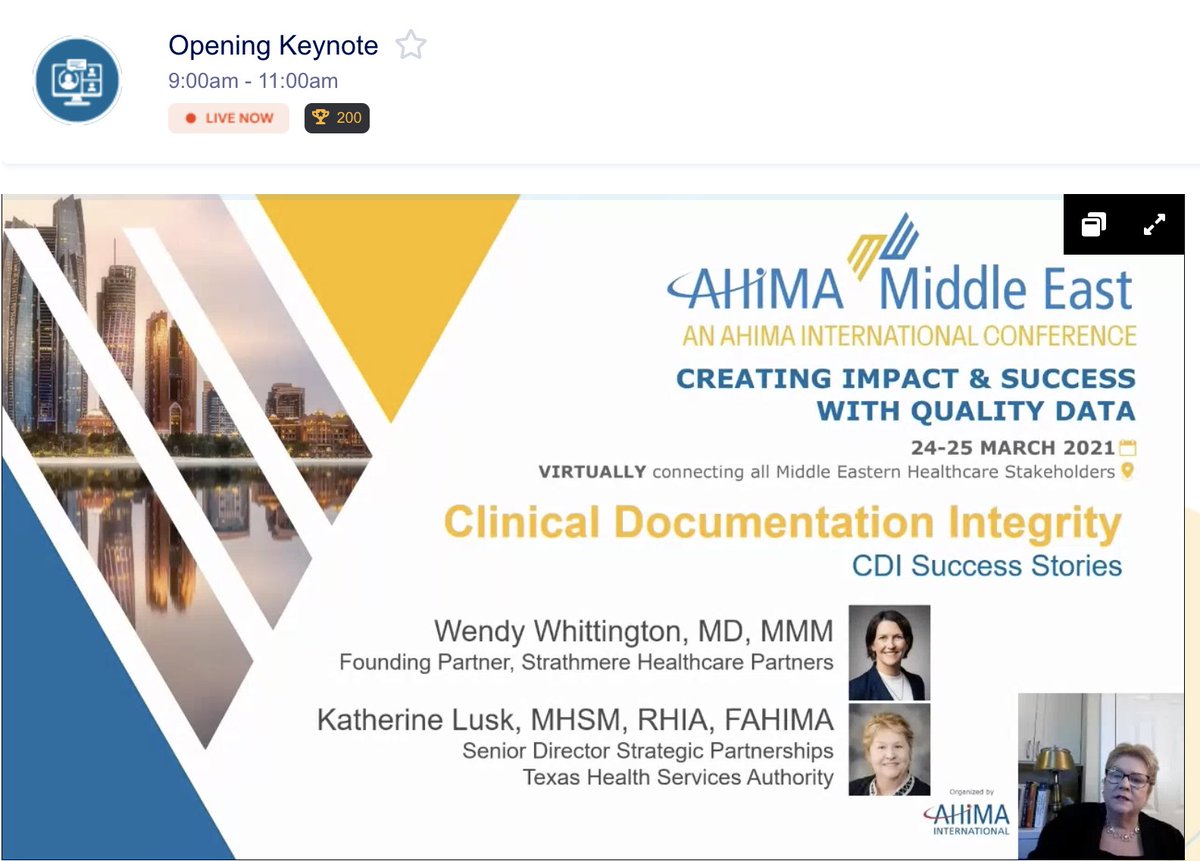 AHIMAInt's tweet photo. AHIMA Middle East #ahimame 
CDI Success Story -  Dr. Wendy Whittington has successfully led the implementation of CDI. Sharing tips on how to engage physicians, improve clinical data quality, and utilize technology to facilitate a successful CDI progam. 
#CDI #HIM https://t.co/T3m9VntAzl
