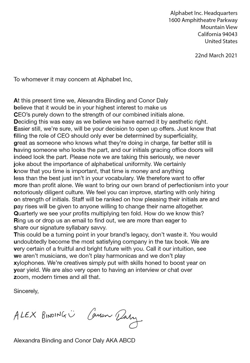 abcdcreatives's tweet image. This week in the lives of the most alphabetically obsessed team in advertising: A letter we sent to @Alphabetlnc  to make us CEO’s based on our initials.