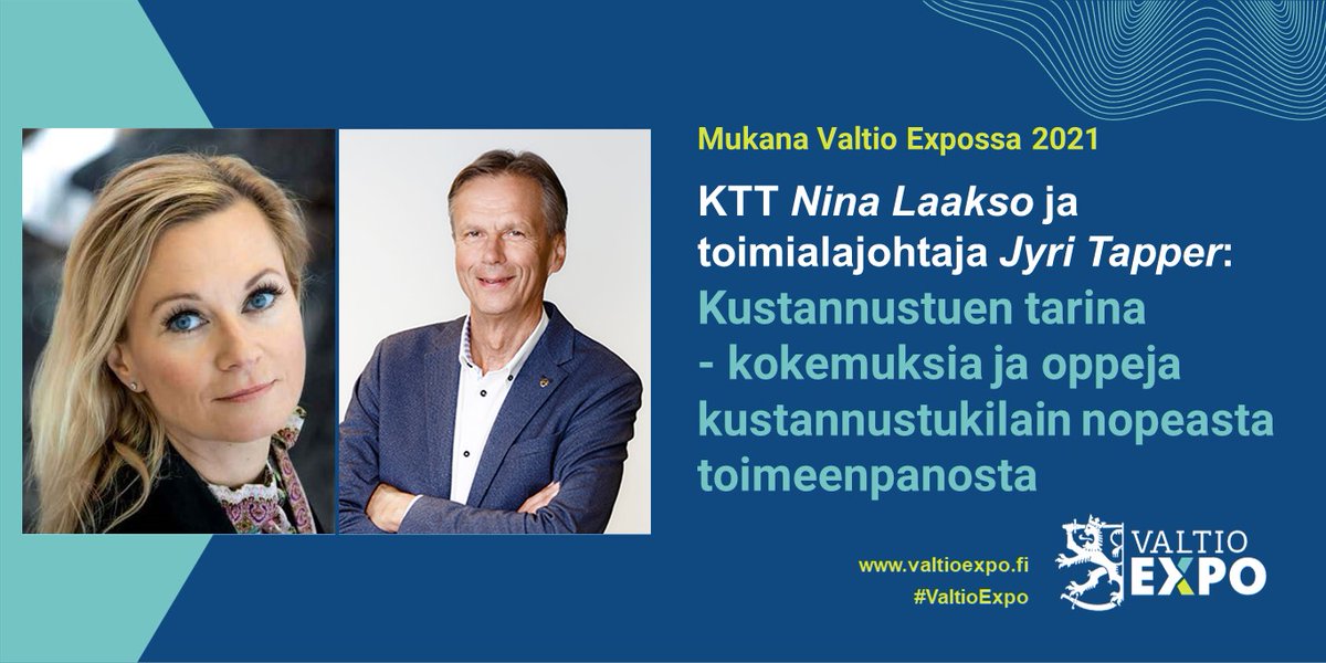 Valtiokonttori's tweet photo. KTT Nina Laakso ja @Valtiokonttori:n toimialajohtaja Jyri Tapper: Kustannustuen tarina – kokemuksia ja oppeja kustannustukilain nopeasta toimeenpanosta #ValtioExpo #ValtioExpo2021 #johtaminen #ketteräkehittäminen https://t.co/QJ75XGaFrQ