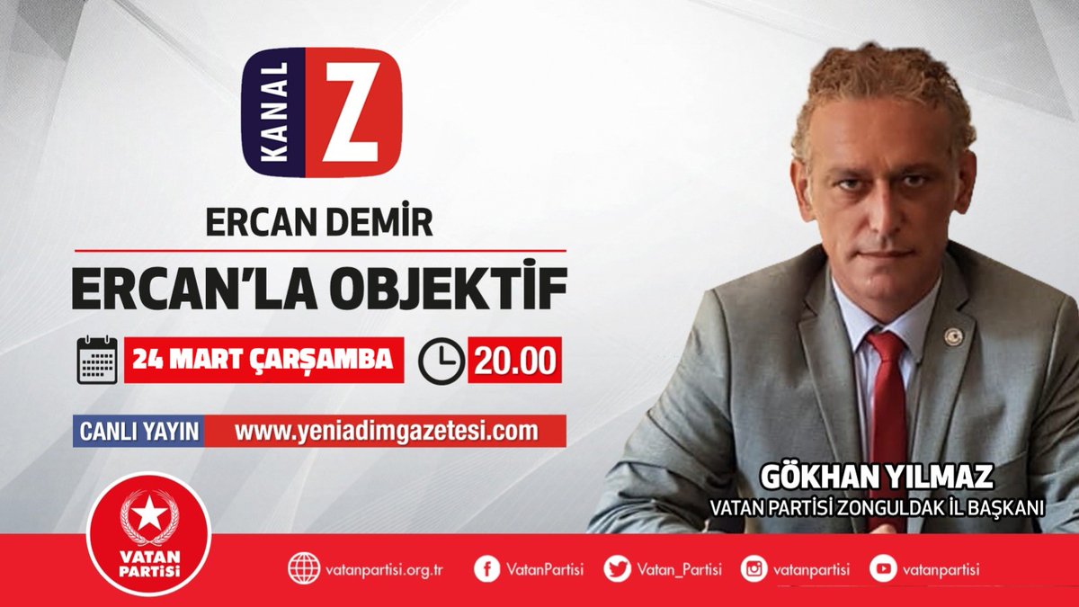 İl Başkanımız Gökhan Yılmaz (<a href="/GokhanYilmazVP/">Gökhan Yılmaz</a> ), Kanal Z ekranlarında, (<a href="/ercandemir67/">Ercan DEMİR</a>)'in sunduğu Ercan'la Objektif programına konuk olacaktır. Tüm hemşehrilerimizi programı izlemeye davet ediyoruz.

📺 Kanal Z
📆 24.03,2021 Çarşamba
⏰ 20,00