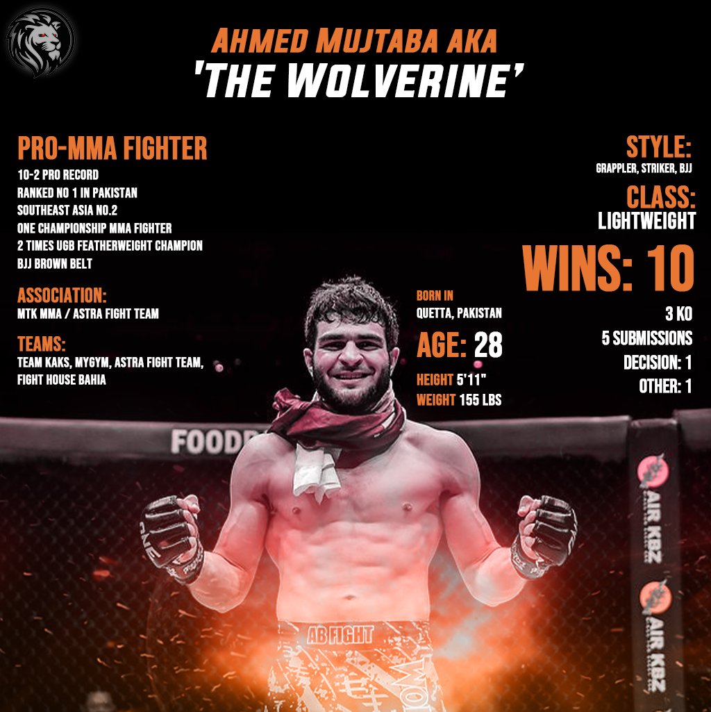 GameSportsMgmt's tweet photo. Announcement: 
Pakistan's no 1 #MMA fighter, the pride of our nation @ahmedwolverine1 aka #WOLVERINE will now be represented by @GameSportsMgmt

- 3 Knockouts
- 5 Submissions
- 1 Decision
- 1 Other

Last knockout in #56Seconds 🇵🇰
#SportsManagement #SportsPR #Endorsement #Pakistan https://t.co/LNYB0DtHKC