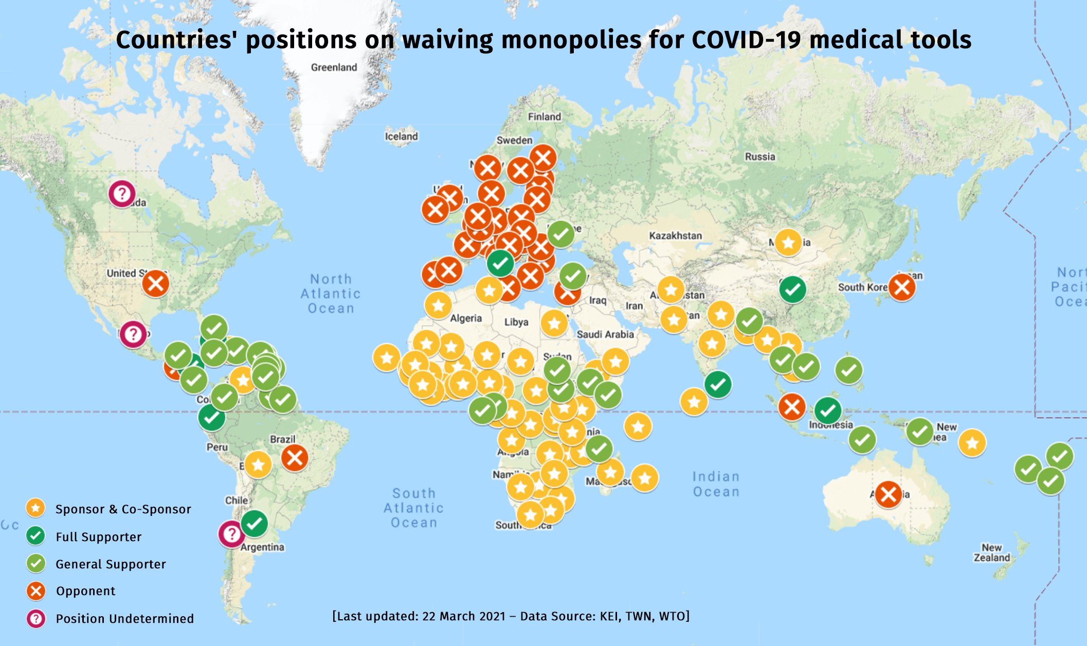 Countries' positions on waiving monopolies for COVID-19 medical tools