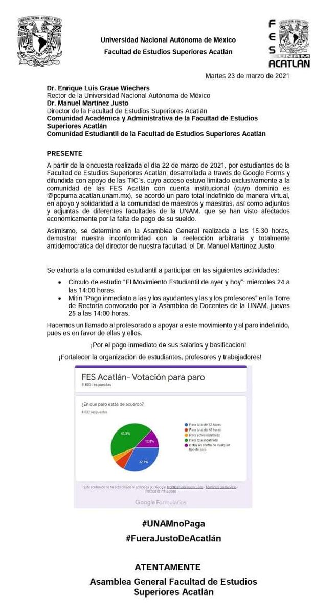 Eva_EP_'s tweet photo. #LaUNAMnopaga #UNAMpagaINCOMPLETO #UNAMsipara 
#LaUNAMsisedetiene #FueraJustoDeAcatlan 
#ParoindefinidoFESA 
#ParoFESAcatlán 

@UNAM_MX  @FES_ACATLAN https://t.co/T4d744CmGM
