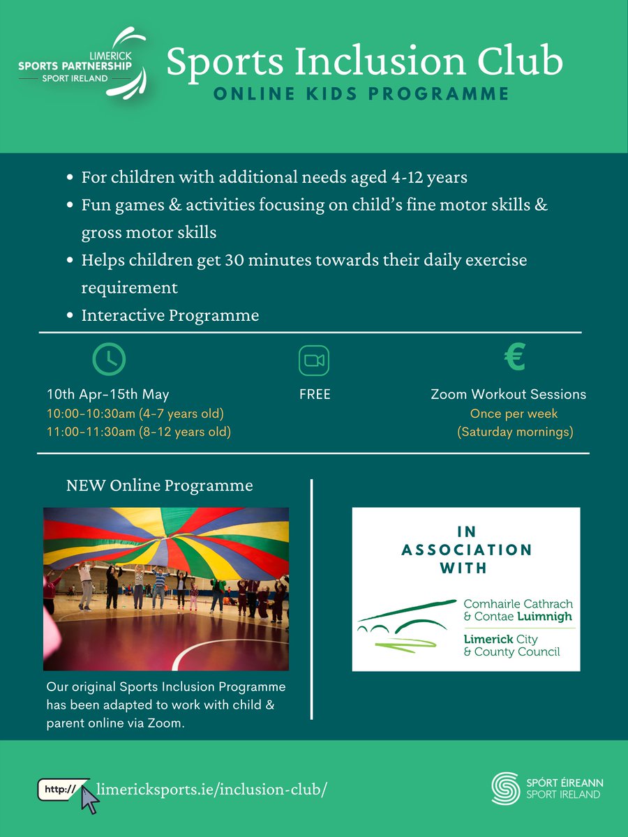 Limericksports's tweet photo. 🙌Sports Programme for children with special needs

Sports Inclusion Club is back on 10th April for 6 weeks, this time in an online version with our trained tutors. 👏

⏳9 places available (4-7 yr old class)
⏳5 places available (8-12 yr old class)

ℹ️ https://t.co/ZnAD6FKUmt https://t.co/9nl2M5fhUE