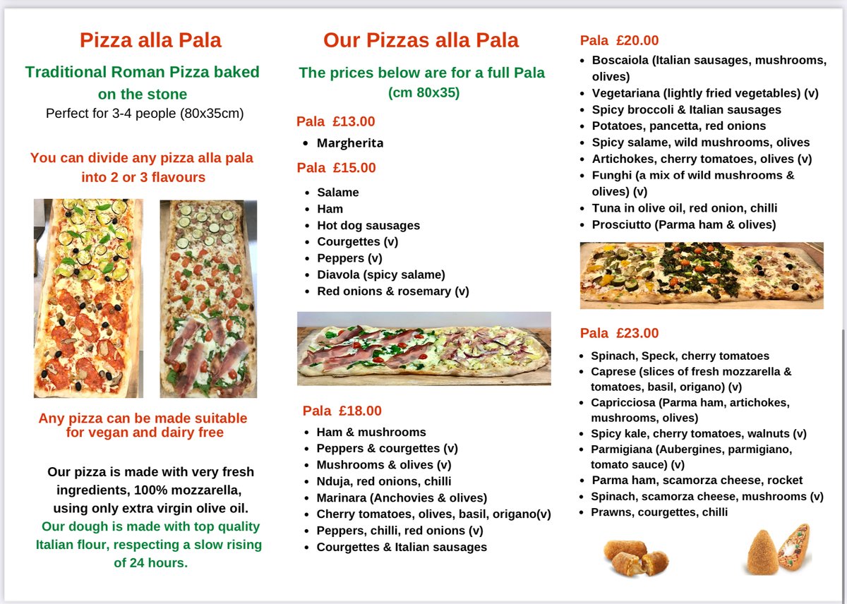 Hi,
Take a look at our new spring #Pizza alla Pala #takeaway menu! 
We have kept all of your favourites whilst introducing a few traditional Roman flavours 🍕
Treat yourself to some of our new delicious #desserts 😋
Available  from Friday the 26th of March.
#otley #ilkley #leeds