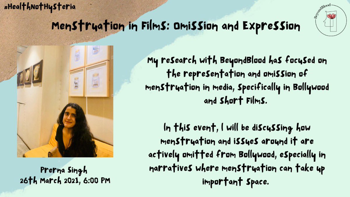 _beyondblood's tweet photo. This months event is “Menstruation in Films: Omission and Expression” with our research intern Prerna Singh as the speaker ! 

The event is free and you can register here https://t.co/USsjfsDElP 

Please RT ! 

#MenstruationMatters #RepresentationMatters 
#MenstruationandMedia https://t.co/95SuuKYWhx