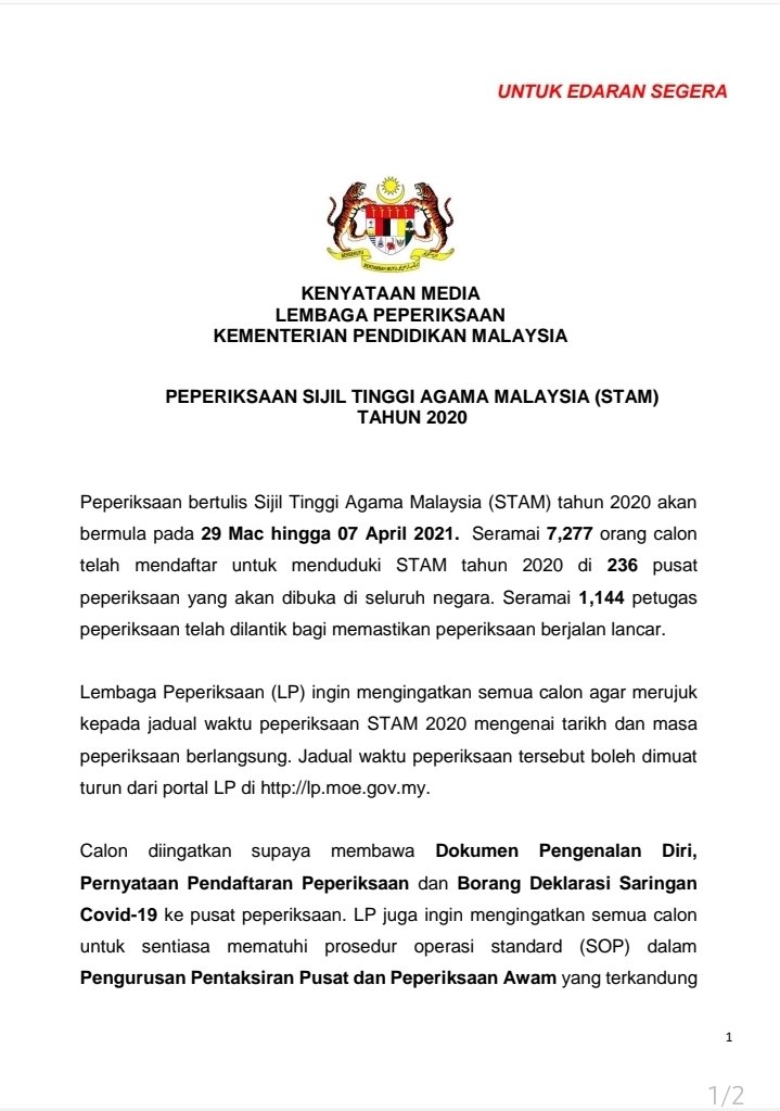 Lembaga Peperiksaan Rasmi A Twitteren Makluman Kenyataan Media Peperiksaan Sijil Tinggi Agama Malaysia Stam Tahun 2020