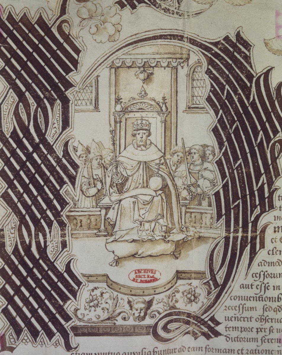 ArchivesnatFr's tweet photo. Découvrez une magnifique #lettrine représentant Henri VIII sur son trône. Traité entre Henri VIII, roi d'Angleterre et François 1er, roi de France, à Windsor, le 1er septembre 1532 [AE/III/31] https://t.co/iV2AKua88S