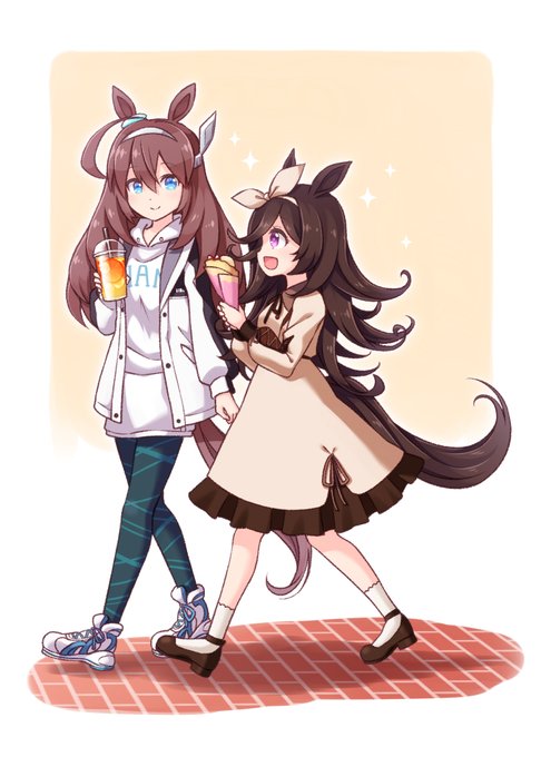 ミホノブルボンとライスシャワー。
ブルボンの私服がかわいかったので描きたかった欲と、ブルボンとライスのツーショットが描きたい欲の両方をこれに込めて描きました。 #ウマ娘 