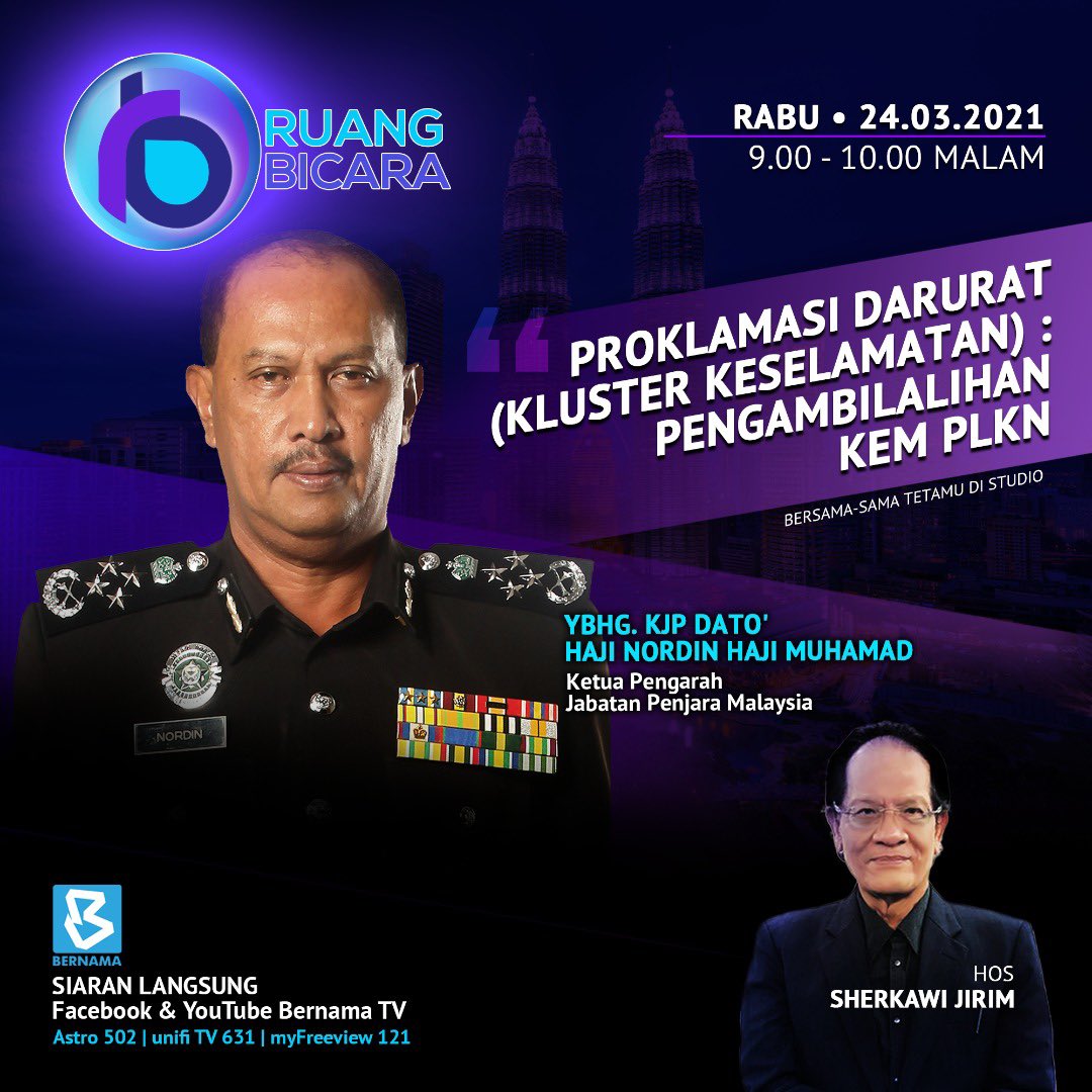Kdn S Tweet Saksikan Program Ruang Bicara Di Bernamatv Proklamasi Darurat Kluster Keselamatan Pengambilalihan Kem Plkn Bersama Panel Ybhg Kjp Dato Hj Nordin Haji Muhamad Ketua Pengarah Jabatan Penjara Malaysia 24 3 2021