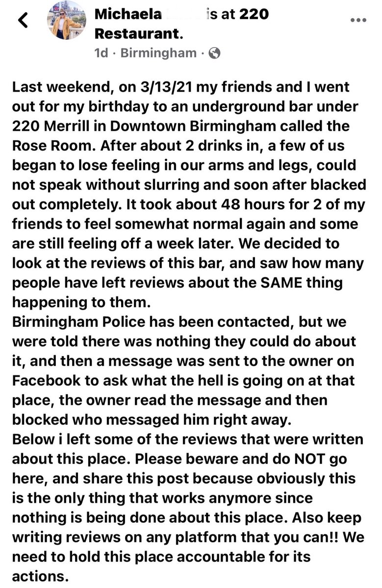 MojoInTheMorn's tweet photo. A young woman claims to have been drugged at the Rose Room in downtown Birmingham. We got the chance to speak with Michaela yesterday regarding her viral facebook post. Tune in today to hear more regarding this controversy ⬇️ https://t.co/Inx8TP3JYy