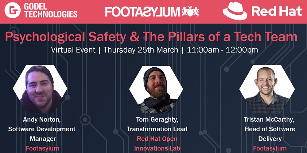 GodelTech's tweet image. Our Virtual event with FootAsylum & Red Hat Innovation Labs is tomorrow!
There is still time to sign up and see our speakers, @andyjnorton, Tristan McCarthy & @tom_geraghty speak about 'Psychological safety & the Pillars of a tech team'.
Register Here: bit.ly/3cZFNHW