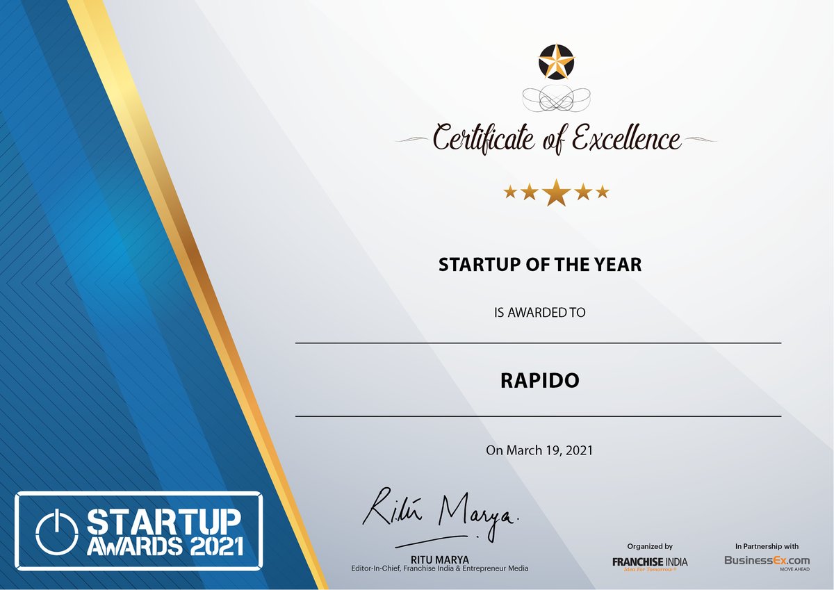 I inform you with great honor that @Rapido has been awarded 'Startup of the Year 2021' at the #Startup2021 Awards organized by @BusinessExIndia , @EntrepreneurIND  & @FranchiseIndia. I thank our Team, Community, Captains & Users for putting their faith in us! #StartUpoftheYear