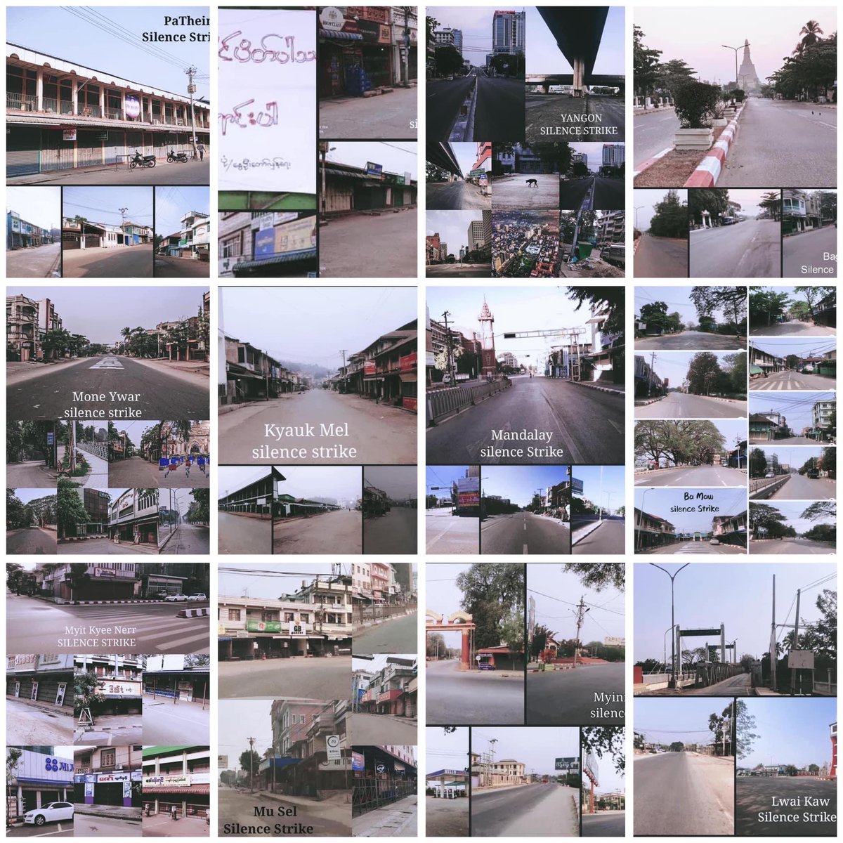 Myitzu19's tweet photo. March 24, 2021: General silent strike nationwide in Myanmar. It shows that the roads belong to the people, the country belongs to the people. We must win this fight. #WhatsHappeningInMyanmar #Mar24Coup #Mar24SilentStrike https://t.co/Y7j1eP9cgw
