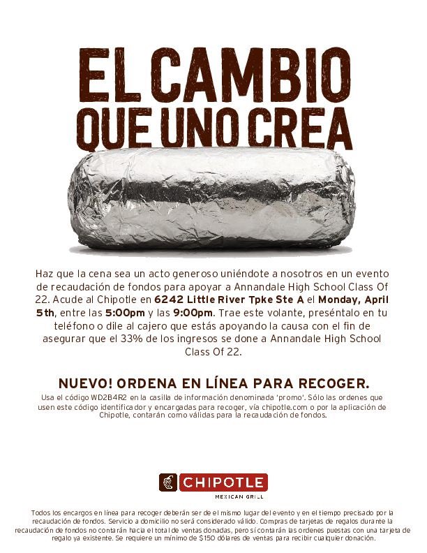 Local friends: Help <a href="/2022_ahs/">AHS Class of 2022</a> fund a FREE prom by going to the Chipotle on Little River on 4/5 from 5-9pm or use promo code WD2B4R2 when you order for pick up from chipotle.com ! 🌯🌮 Not in the area but still want to help? Please donate at bit.ly/AHS2022 😁💰