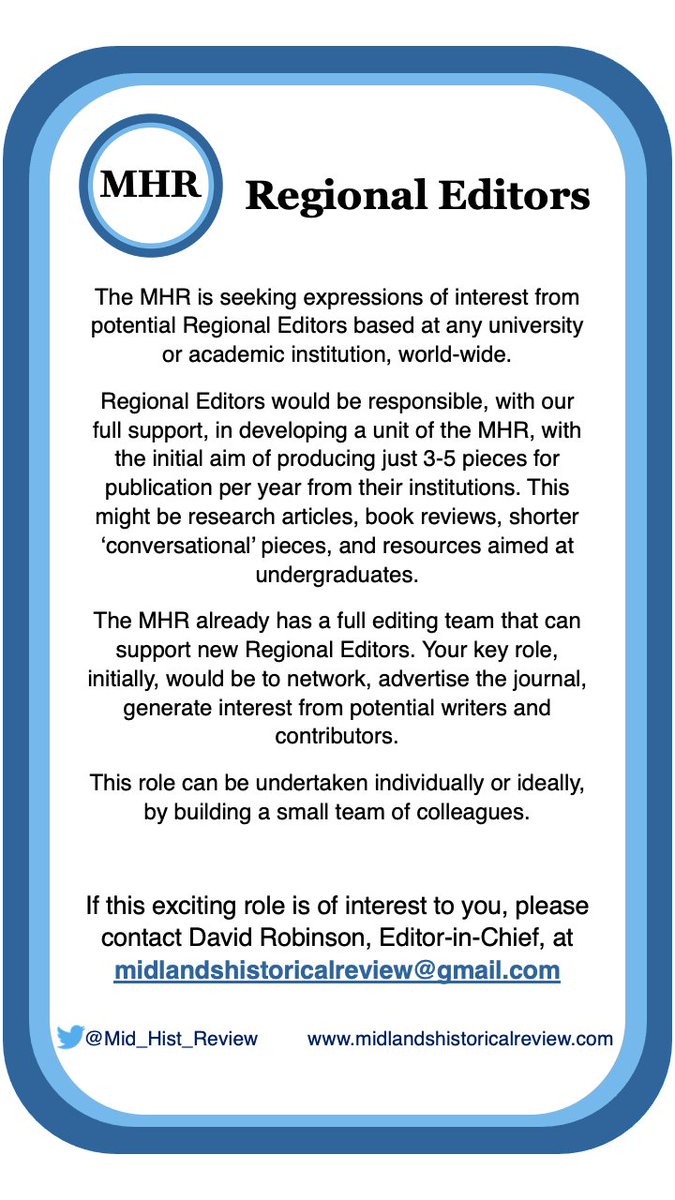 Help us spread the word! MHR is looking for Regional Editors to help us expand our team across HE institutions around the world. Visit our website midlandshistoricalreview.com to find out more about us, and email any enquiries to midlandshistoricalreview@gmail.com #twitterstorians