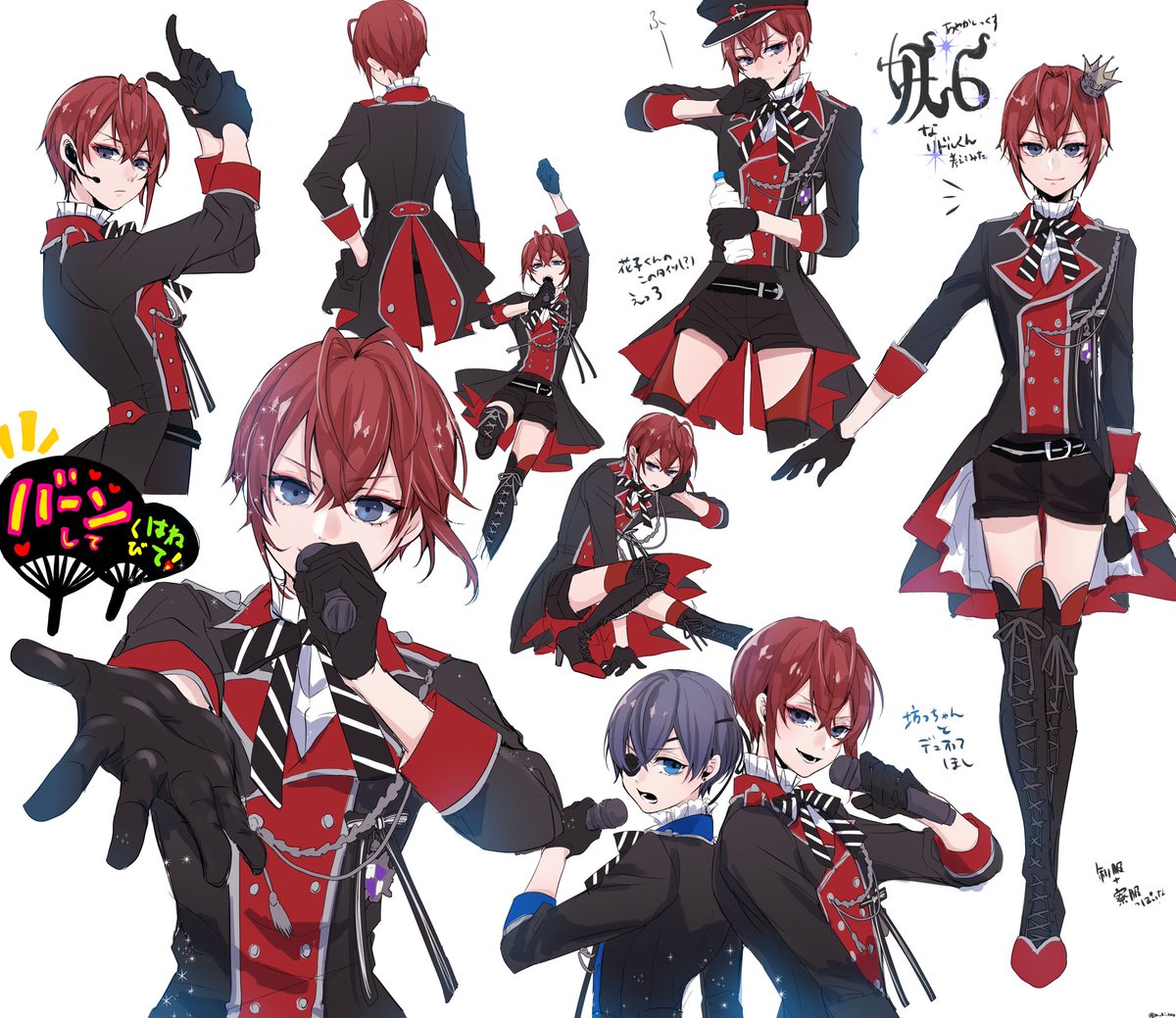 red hair idol male focus gloves blue eyes microphone boots  illustration images