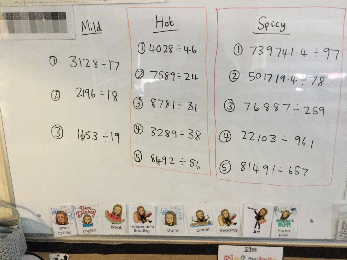 Class13LST's tweet photo. Mild, hot and spicy calculations today so we can practise the written method for division. Practice makes perfect! #stpsmaths https://t.co/KMLLxTrCBK