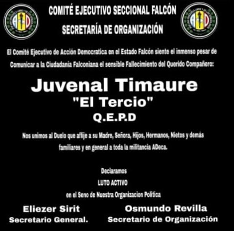 ADcolina1's tweet photo. Con profundo dolor anunciamos el fallecimiento de nuestro compañero y amigo Juvenal Timaure, nos unimos al duelo que embarga a sus familiares, a su familia Adeca y a todo el que tuvo la oportunidad de conocerlo. Que descanses en paz tercio, vuela alto. https://t.co/0IwiXZZJnV