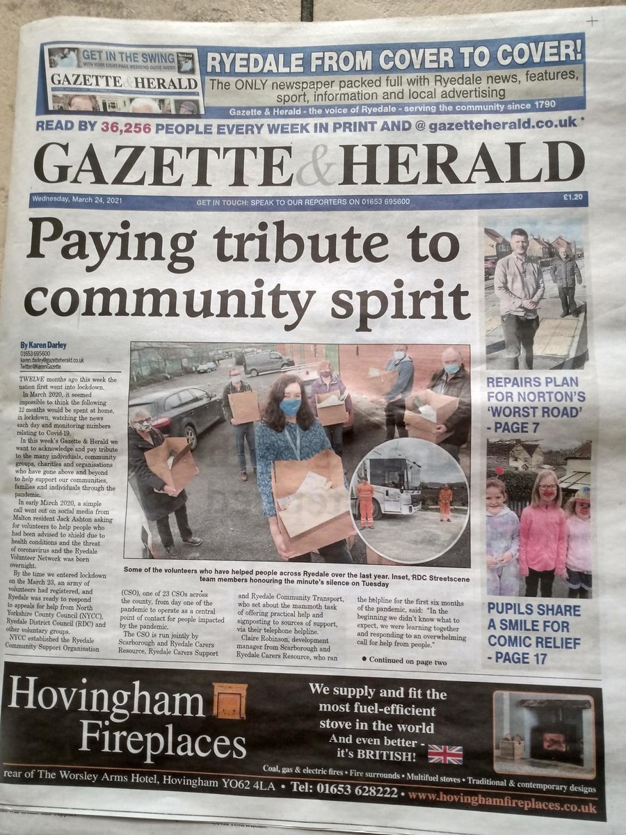 KarenGazette's tweet image. It's been a year like no other and if we can see any positives it is the wonderful community spirit we have here in #Ryedale Find out more about the amazing efforts of volunteers throughout the covid pandemic in this week's @gazetteherald