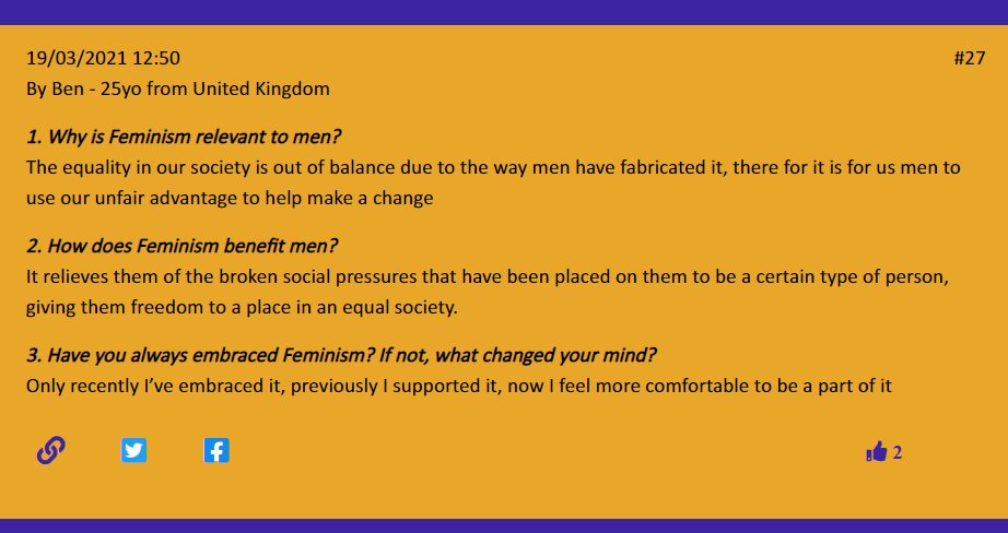 Check out another enlightening entry: mentalkfeminism.com/?exactId=27

If you too as a man have embraced #Feminism more recently, leave an entry on mentalkfeminism.com

#MenTalkFeminism
#profeminist
#FeminismIsForEverybody
#Feministmen
#genderequality
#healthymasculinity
#allyship