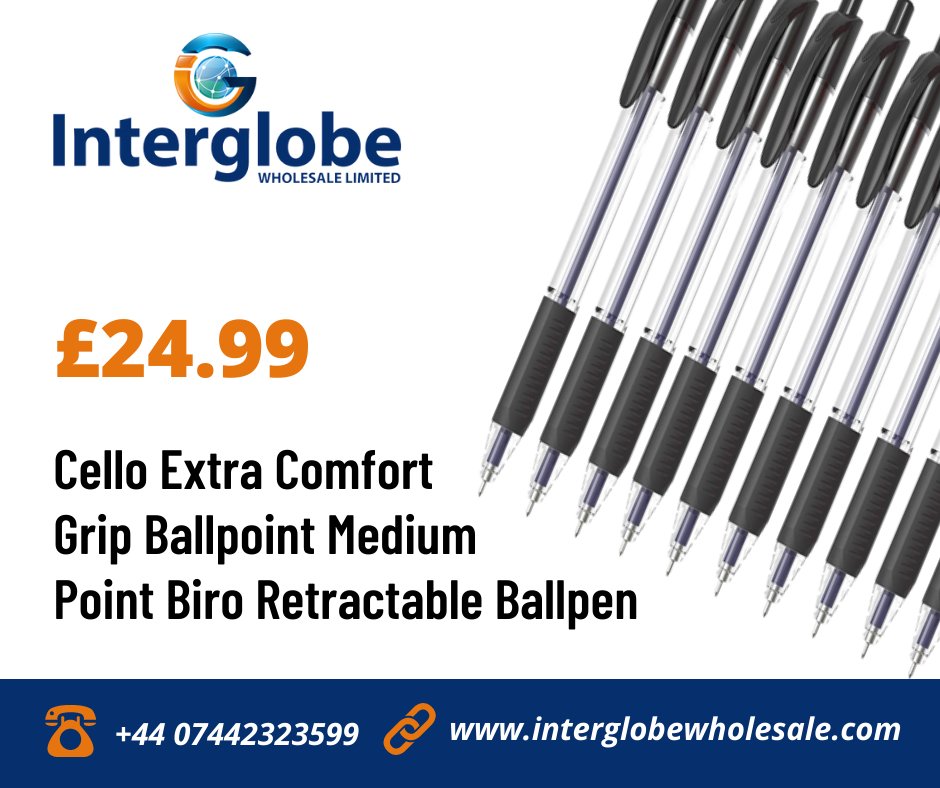 InterglobeW's tweet image. Cello Extra Comfort Grip Ballpoint Medium Point Biro Retractable Ballpen (1.0 mm), Box of 120, Black Pens, for Office, University, School Stationery Smudge-Free, Every-Day Writing Pens, Economy pack
£24.99

interglobewholesale.com

#stationery #cellopen #buypenonline