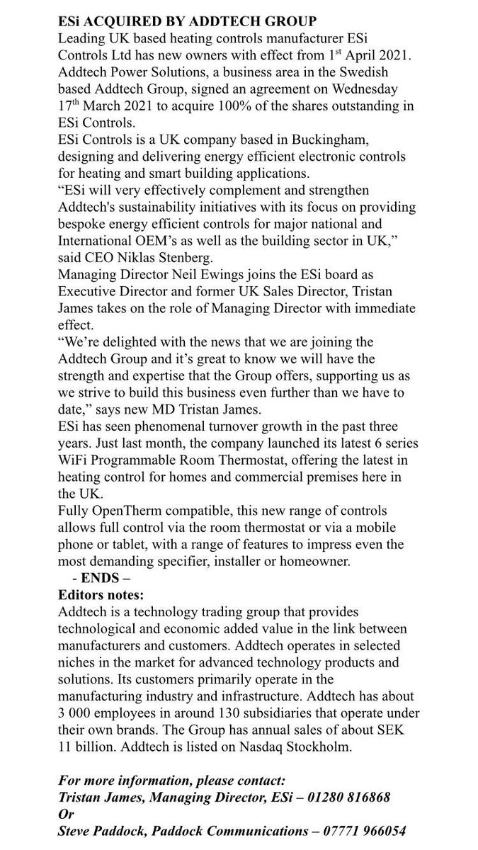 EsiControls's tweet image. It’s official!! After many months of negotiations throughout the Covid Pandemic, ESi Controls has been acquired by Addtech Group. Hugely exciting times ahead!! Being part of Addtech Group will help strengthen our growth plans going forward.
#addtechgroup #excitingtimesahead
