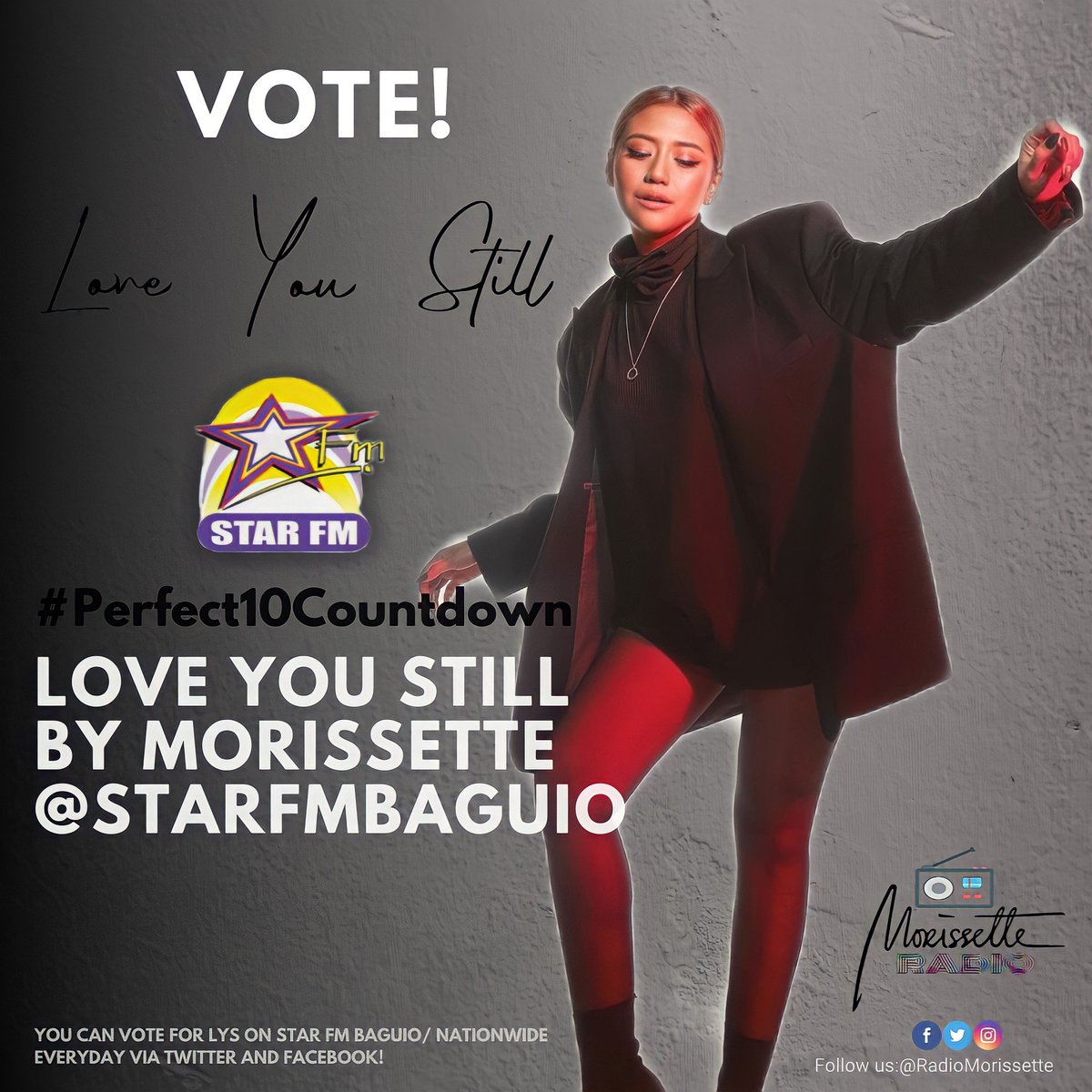 radiomorissette's tweet photo. Vote now for LYS on Star FM Nationwide #Perfect10Countdown 📻!

Baguio 
Dagupan @starfmdagupan_
Roxas @StarFmRoxasDj 
Iloilo @StarFMIloilo
Bacolod @StarFmBacolod
Cebu @StarFmCebu
Davao @starfmdavao
Zamboanga @StarFMZamboanga
Dipolog @StarfmDipolog
Cotabato @starfmcotabato https://t.co/Ud0TbX1fo1