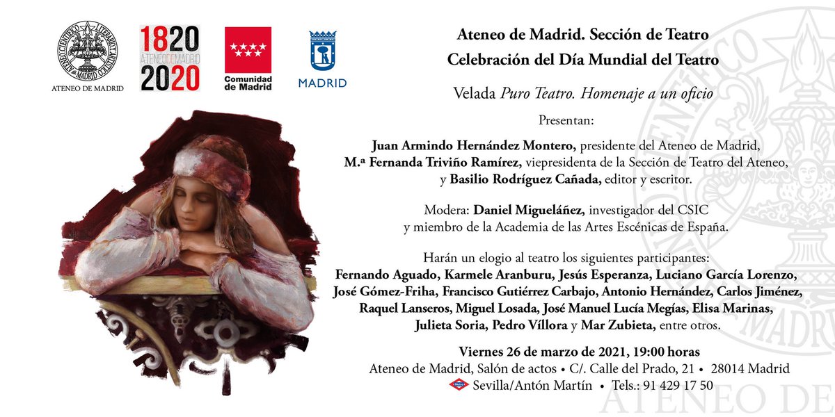 academia_aaee's tweet photo. Presentación de “Puro Teatro. Homenaje a un oficio” un libro editado por el académico @DanielMig19. Viernes 26 de Marzo de 2021 a las 19:00 horas en el @ateneodemadrid 
El acto contará con la presencia de académicos como @DanielMig19 @Pedro_Villora @karmelearanburu, entre otros. https://t.co/tI27HNjo7J