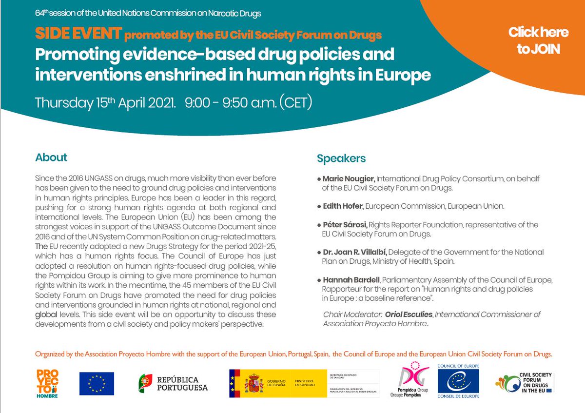 ProyectoHombre_'s tweet photo. 🔴Proyecto Hombre lidera un Side Event en Naciones Unidas sobre políticas de drogas y tratamientos basados en derechos humanos en Europa el próximo 15 de abril, con la Unión Europea y el Foro de la Sociedad Civil sobre Drogas.
@UNODC #64CND #FSFD

https://t.co/3dU5IOINw5 https://t.co/ZUxCJ4vPjl