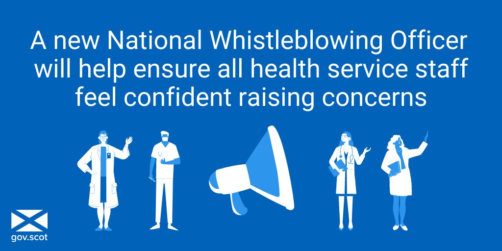 scotgovhealth's tweet image. On 1 April a new Independent National Whistleblowing Officer will be introduced for health service staff. 

This role will help ensure everyone delivering @NHSScotland services in Scotland is able to raise concerns when they see harm or wrongdoing putting patient safety at risk.