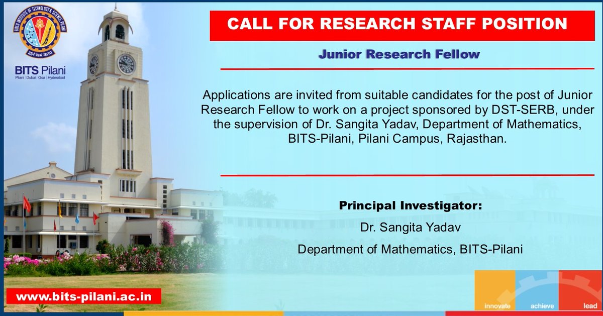 bitspilaniindia's tweet photo. Applications are invited from suitable candidates for the post of Junior Research Fellow

More Details : https://t.co/4SOg439di5

#BITSPilani #JRF #researchstudent https://t.co/A6mPlFqfA9