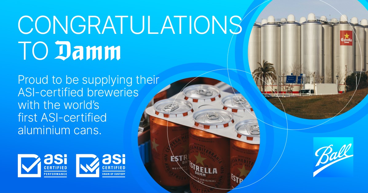 Ball_Corp's tweet photo. A global first for beverage packaging. Damm is the 1st beverage brand to achieve Aluminium Stewardship Certification for its breweries and its cans, which we are proud to supply. #susty collaboration. https://t.co/zYDGLXP4Gl @Aluminium_S_I  EstrellaDamm #MetalRecyclesForever https://t.co/efIIdE0wFh