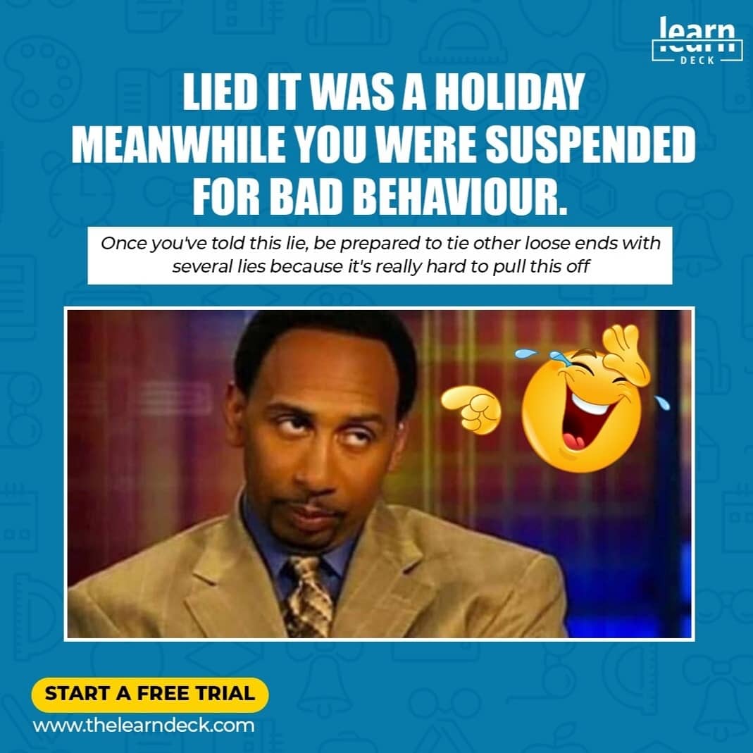 thelearndeck's tweet photo. - So we'll love to hear from you, what other lies did you tell your parents as regards
school matters? 😁👇
#LearnDeck #Learning #learn #learningathome #online #onlinebusiness #onlineclasses
#onlineclassmemes #onlinetutor #onlinetutorial #onlinelearninginafrica #freeclass https://t.co/rgFc64qQHi