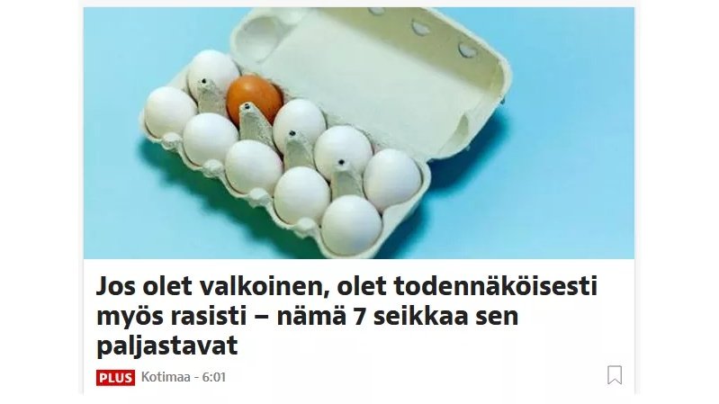 joakimvigelius's tweet photo. Nyt herätys toimituksissa. Milloin tämä aidosti rasistinen valkoisten kollektiivinen sättiminen ja syyllistäminen maan suurimmissa medioissa loppuu?

Mistään muusta ryhmästä ette sallisi kirjoitettavan samaan sävyyn.

@iltasanomat @iltalehti_fi @hsfi @nytliite @SuomenKuvalehti https://t.co/U9aisLBUop