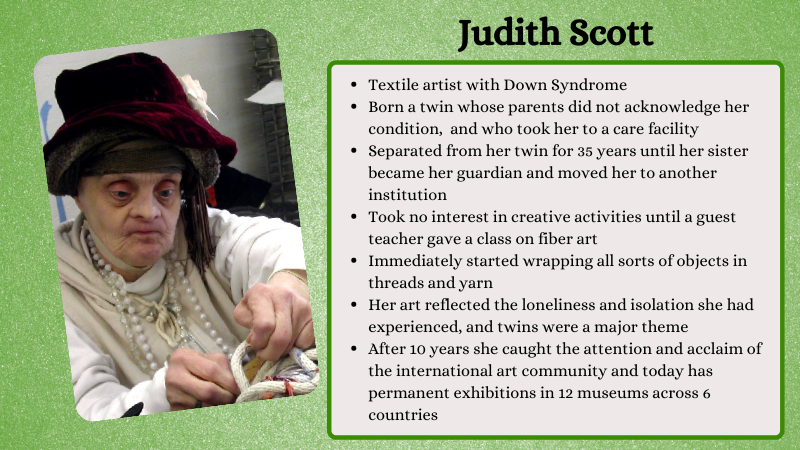 WarhillHigh's tweet photo. Since March is National Disability Month, we're focusing on a different individual every day who has overcome all the odds and achieved their goals. Today we're highlighting textile artist Judith Scott. https://t.co/cYu5l2Dbpi