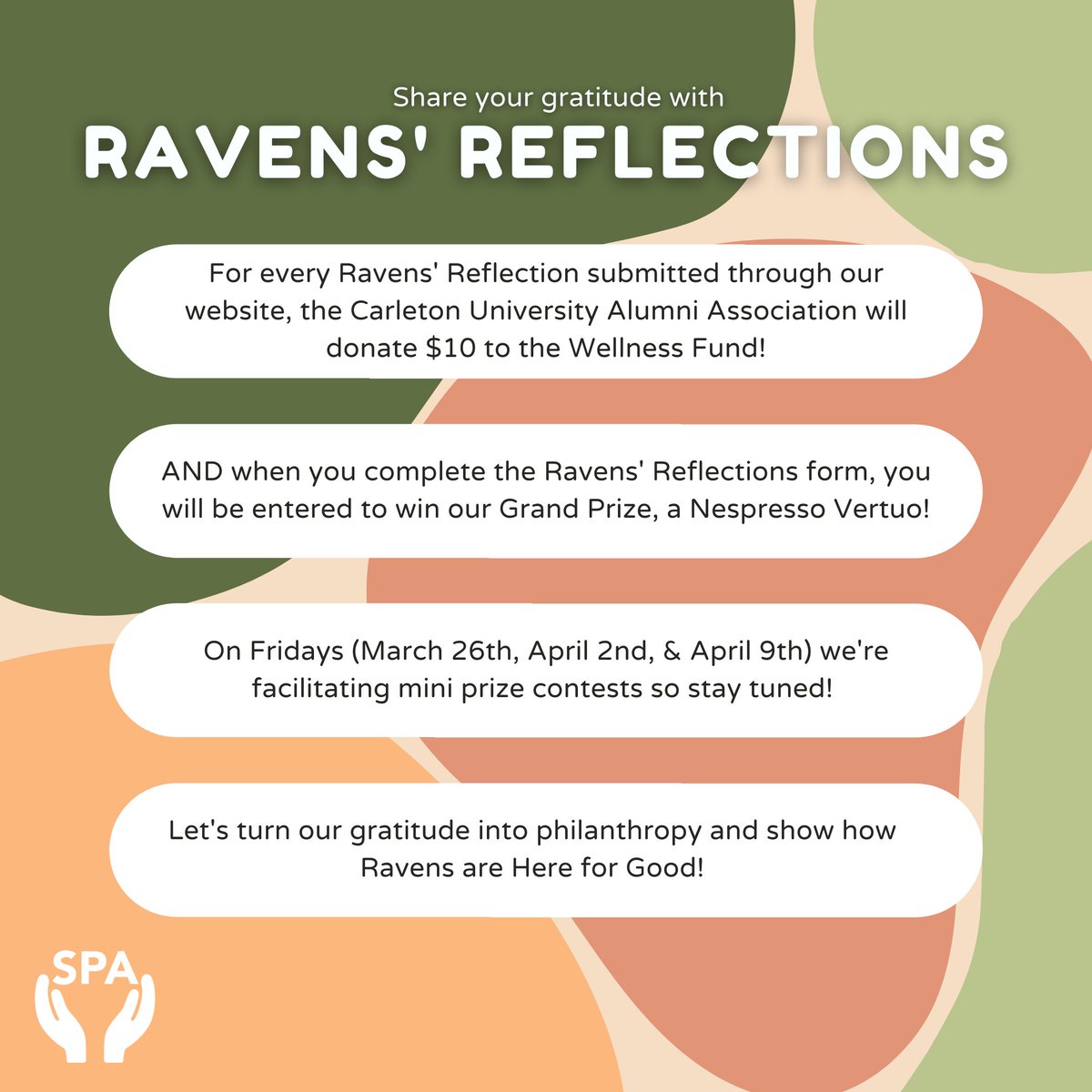 carletonspa's tweet photo. 💫 Today is the start of Ravens' Reflections! If you submit a reflection through our website, the Carleton University Alumni Association will donate $10 to the Wellness Fund! Check our Instagram page for more info &amp; exciting prizes! https://t.co/6ha34Vo4sN