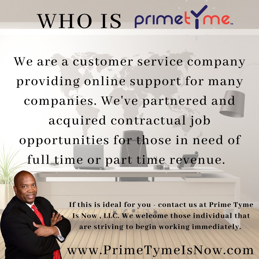 primetymeisnow's tweet photo. Prime Tyme Is Now, LLC is a customer service company that provides online support for individuals looking to work from home. Ready to get started? Contact us at Prime Tyme Is Now , LLC and let us help you gain financial freedom again!

#WorkFromHome #CallCenterServices #PTIN https://t.co/qLMZanogcD