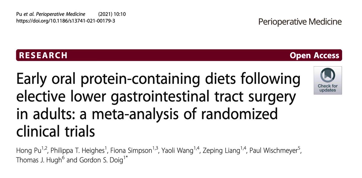 Paul Wischmeyer MD (@paul_wischmeyer) on Twitter photo 🙋‍♂️New data shows early oral #PROTEIN diets compared to clear liquids/late diet post-GI #SURGERY REDUCES:
- MORTALITY
- SSI
- Serious Post-op Complications
- Post-op N/V
See our new paper full-text in <a href="/PeriOpMedJ/">Perioperative Medicine Journal</a> : …tivemedicinejournal.biomedcentral.com/articles/10.11…
#nutrition #dietitian #MedTwitter #FOAM 🙋‍♂️New data shows early oral #PROTEIN diets compared to clear liquids/late diet post-GI #SURGERY REDUCES:
- MORTALITY
- SSI
- Serious Post-op Complications
- Post-op N/V
See our new paper full-text in <a href="/PeriOpMedJ/">Perioperative Medicine Journal</a> : …tivemedicinejournal.biomedcentral.com/articles/10.11…
#nutrition #dietitian #MedTwitter #FOAM