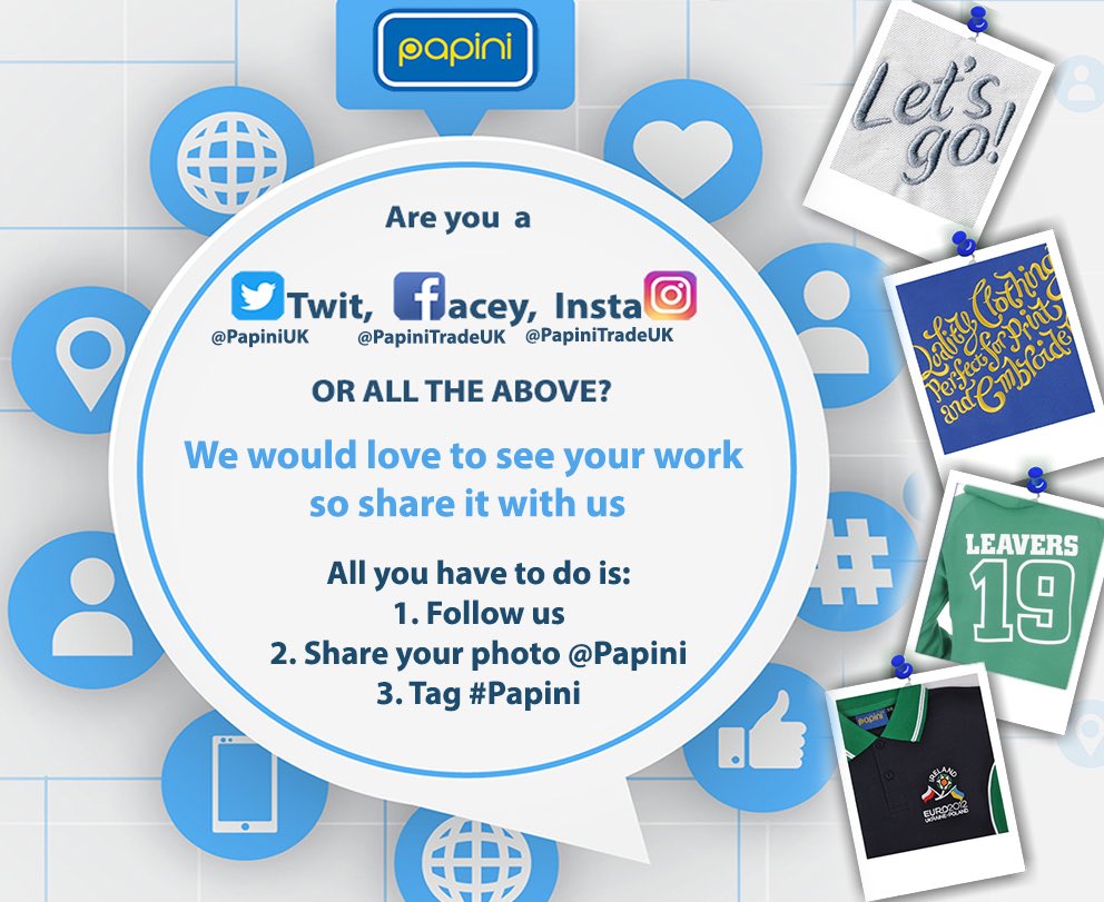 We would love to see you fab embroidery or print on our garments. Share with us on Facebook, Twitter &amp; Instagram
#papiniclothing #embroidery #print #socialmedia #hoodies #poloshirts