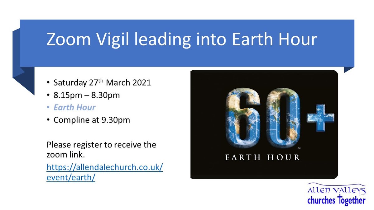 Allen Valleys Churches Together is inviting everyone to join in with #EarthHour at 8.30pm on Saturday 27 March.
An online vigil will take place from 8.15-8.30pm followed by a short service of Compline on Zoom.
Register for both events👇
allendalechurch.co.uk/event/earth/
<a href="/earthhour/">Earth Hour Official</a>