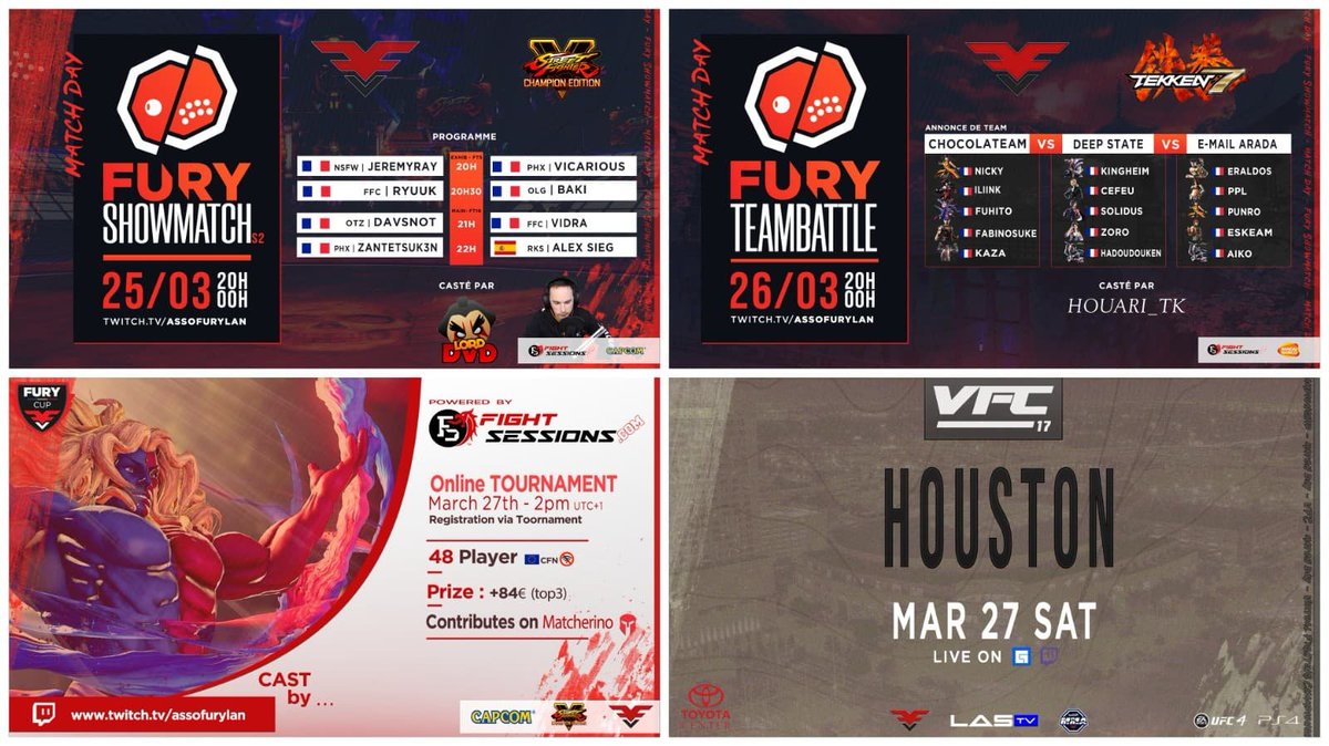 FuryVS_'s tweet photo. #FuryLanTV On vous régale comme chaque semaines ;)
Un max de partage pour cette dernière !!!  

🛑 #FuryShowmatch- #SFVCE by @lorddvdjaws 
🛑 #TeamBattle- #Tekken7 by @Houari_Tk 
🥊 #VFC17- #UFC4 by @Fredo_Blaze 
🆚 #FuryCup- #SFVCE by @Kima_Live 

📺 https://t.co/E5uBCHNcQX https://t.co/eN1peI0sOR