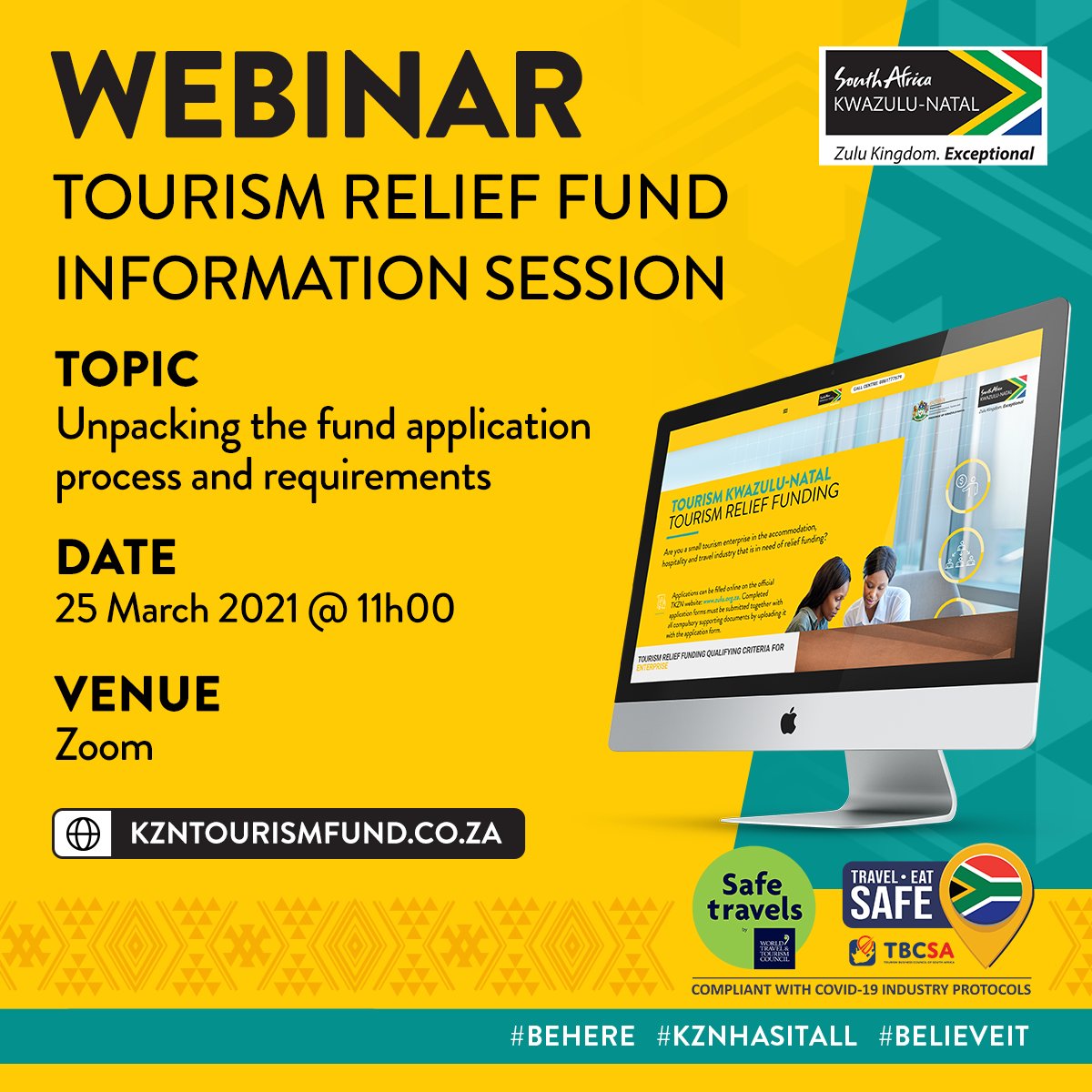 The Tourism Relief Fund is open for applicants. If you need assistance or more information on how to apply, feel free to join our Webinar - 25/03/2021 at 11am. Click on the below Zoom link for access:
zulu-org-za.zoom.us/j/94222577459?…