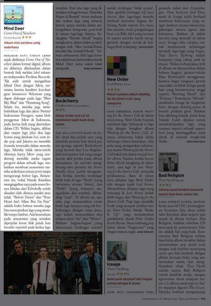 Mini album <a href="/minddeer/">Mind Deer</a>  yang mau rilis tanggal 26 Maret 2021, selain jadi nominasi best indie di ICEMA juga tampil di review majalah Rolling Stone Indonesia