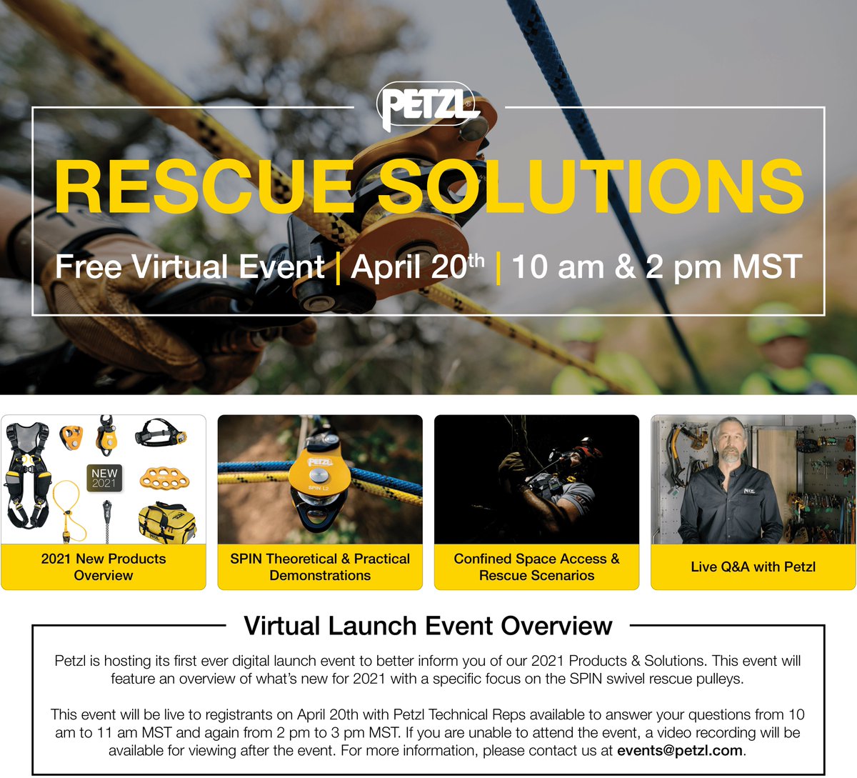 TechRopeRescue's tweet photo. Don't miss out on this FREE virtual event 3 part series hosted by @Petzl , starting with Rescue Solutions on April 20th. 

Check out new products for 2021, watch practical demos, and get your questions answered live!

Register at https://t.co/fr5N6ZXhTf

#RescueSolutions https://t.co/vim8ptbhCl