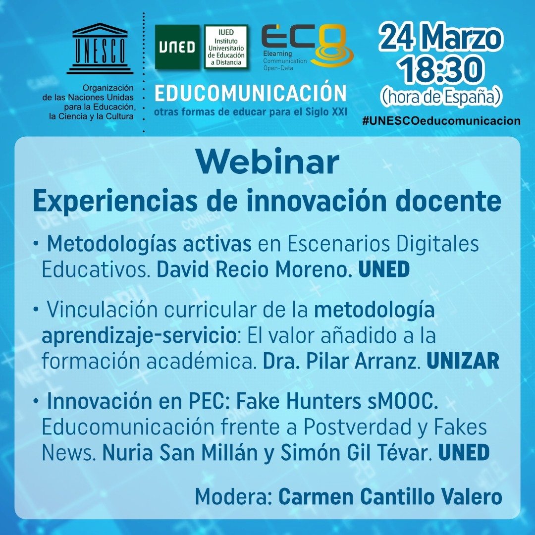 FakeHuntersMOOC's tweet photo. Hoy hablamos de #FakeHuntersMOOC como una experiencia de innovación docente para #UNESCOeducomunicación y contaremos el paso a paso desde la idea, equipo, alianzas, plataforma, redes, evaluación, gamificación, trabajo colaborativo.
Acceso: https://t.co/0cysn6trWX https://t.co/mL5vh0XUku