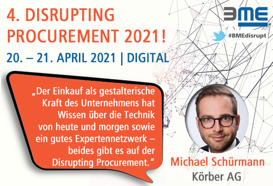 In vier Wochen findet die 4. DISRUPTING PROCUREMENT 2021, moderiert von M. Schürmann, digital statt. Sichern Sie sich bis 31.03. Ihre Teilnahme zum Frühbucherpreis! bme.de/disrupting
#bmedisrupting #einkauf #procurementtransformation #digitaletransformation #procurementhero