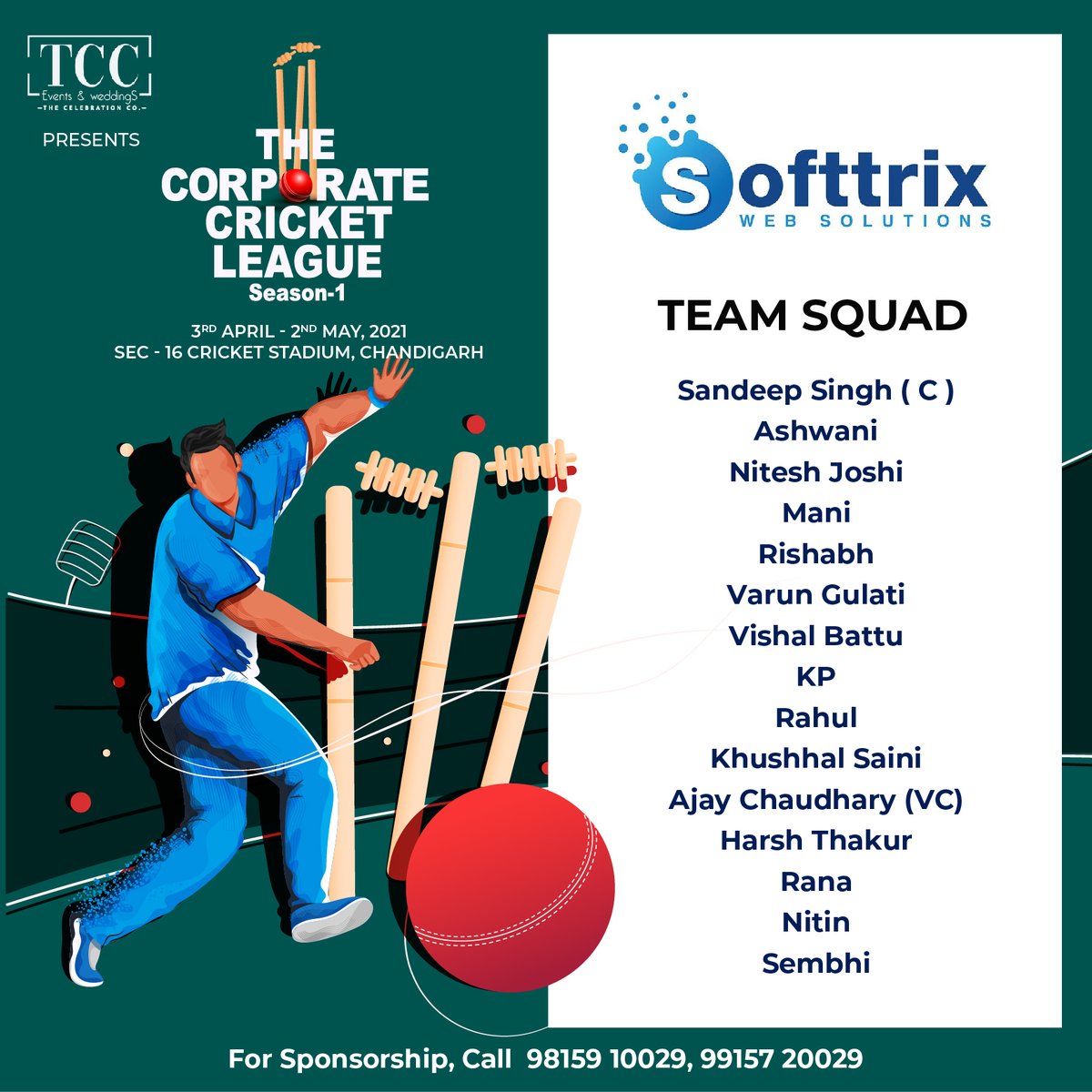 CelebrationChd's tweet photo. With a terrific squad of Corporate Cricket League- Season 1, we're introducing our teams

- PMK XI
- TCCC
- Softtrix
- United Warriors

Save the Date 3RD APRIL 2021 #TCCCorporateLeague

#corporate #Cricket #cricketnation #Dhoni #LeaguesCup #event #Chandigarh #tccl #cricketlover https://t.co/oK55iU6CYd