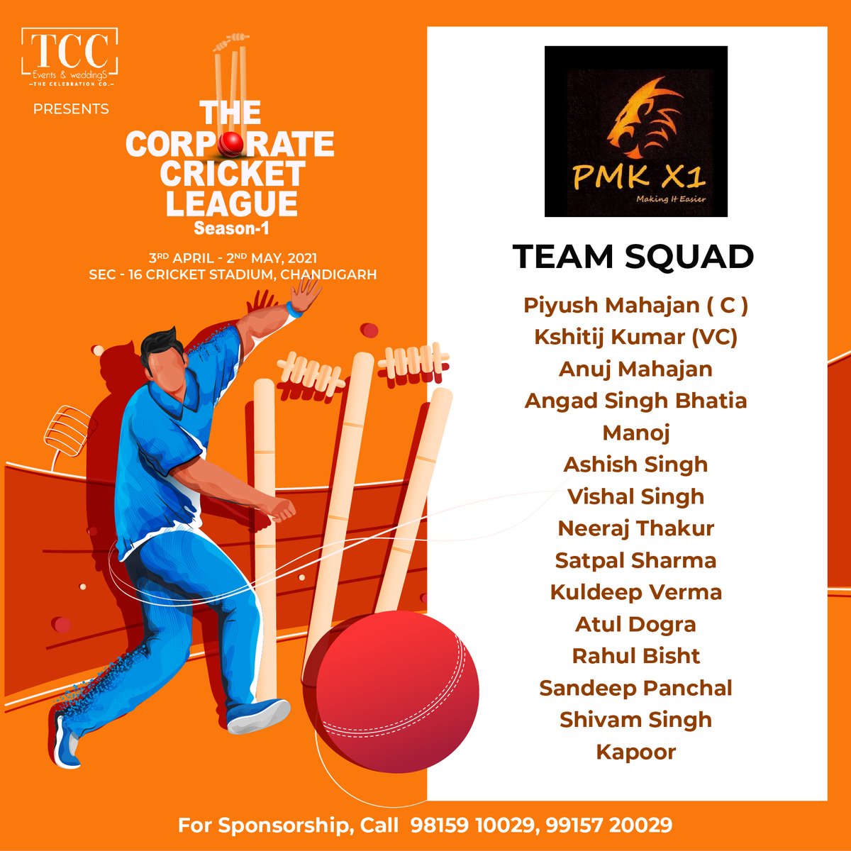 CelebrationChd's tweet photo. With a terrific squad of Corporate Cricket League- Season 1, we're introducing our teams

- PMK XI
- TCCC
- Softtrix
- United Warriors

Save the Date 3RD APRIL 2021 #TCCCorporateLeague

#corporate #Cricket #cricketnation #Dhoni #LeaguesCup #event #Chandigarh #tccl #cricketlover https://t.co/oK55iU6CYd